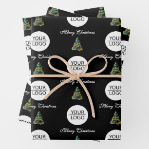 Add your Logo Text Promotion Christmas Tree Black Wrapping Paper Sheet