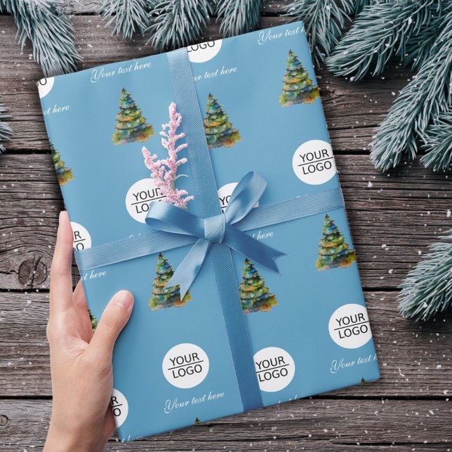 Add your Logo Text Promotion Christmas Tree Blue Wrapping Paper (Creator Uploaded)