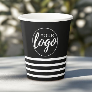 Add Your Logo with stripe pattern - black white Paper Cups