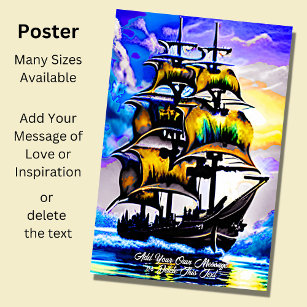 Add Your Message, Brown Blue Sailing Pirate Ship   Poster