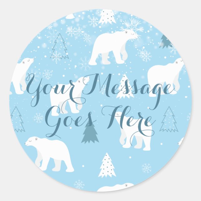 Add Your Message Polar Bear Snowflakes Classic Round Sticker (Front)