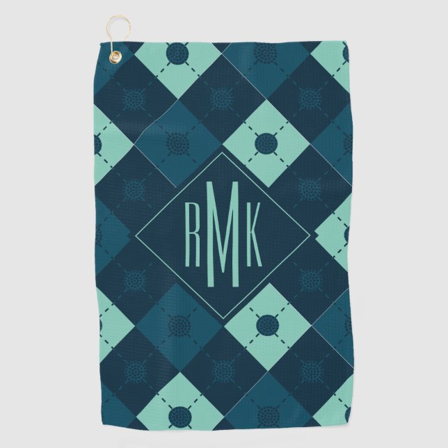 Add Your Monogram | Blue & Mint Argyle Pattern Golf Towel (Front)