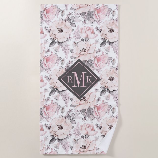 Add Your Monogram | Classic Pink & Grey Pattern Beach Towel (Front)