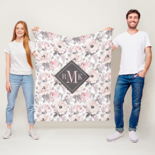 Add Your Monogram Classic Pink & Grey Pattern Fleece Blanket