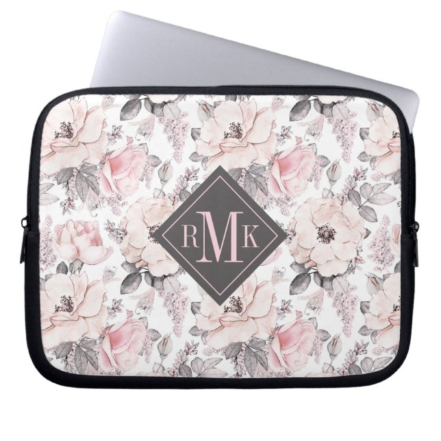 Add Your Monogram | Classic Pink & Grey Pattern Laptop Sleeve (Front)