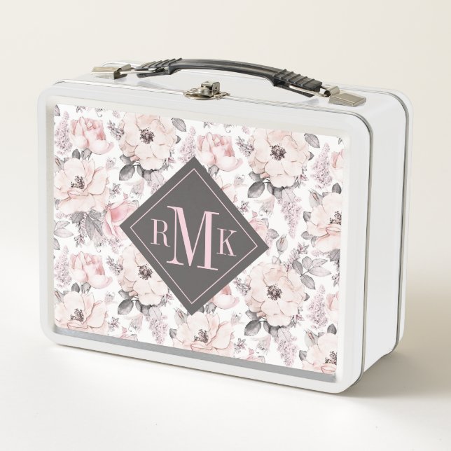 Add Your Monogram | Classic Pink & Grey Pattern Metal Lunch Box (Front)