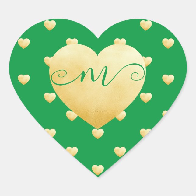 Add Your Monogram Gold Heart on Green Heart Sticker (Front)