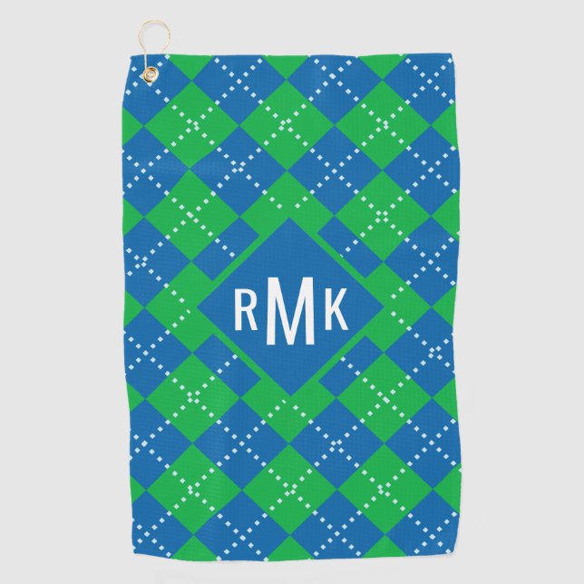 Add Your Monogram | Green & Blue Argyle Pattern Golf Towel (Front)