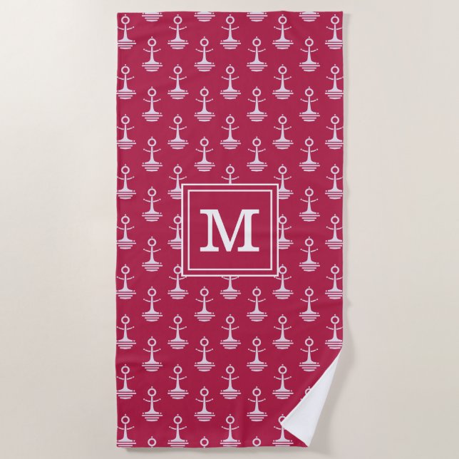Add Your Monogram | Modern Anchors Pattern Beach Towel (Front)