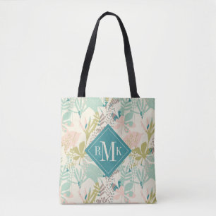 Add Your Monogram Modern Floral Pattern Tote Bag