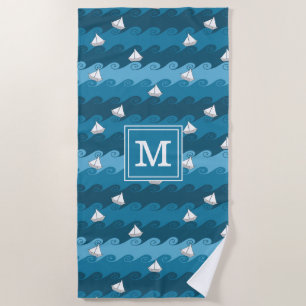 Add Your Monogram   Paper Boats Pattern Beach Towel