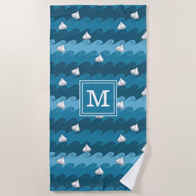Add Your Monogram | Paper Boats Pattern Beach Towel (Front)
