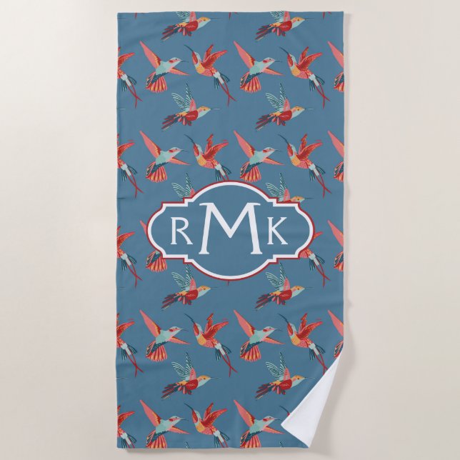 Add Your Monogram | Retro Hummingbird Pattern Beach Towel (Front)