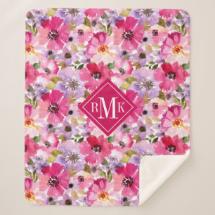 Add Your Monogram   Summer Watercolor Floral Sherpa Blanket