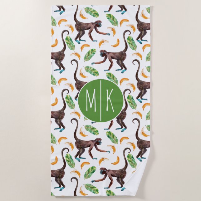 Add Your Monogram |Sweet Monkeys Juggling Bananas Beach Towel (Front)