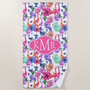 Add Your Monogram Tropical Watercolor Pattern Beach Towel