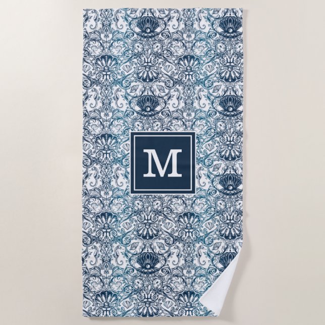 Add Your Monogram | Vintage Marine Pattern Beach Towel (Front)