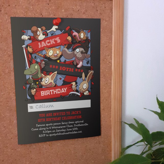 Add Your Name Birthday Animal Fans Black & Red Invitation (Creator Uploaded)
