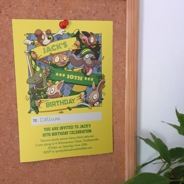 Add Your Name Birthday Animal Fans Yellow & Green Invitation (Creator Uploaded)