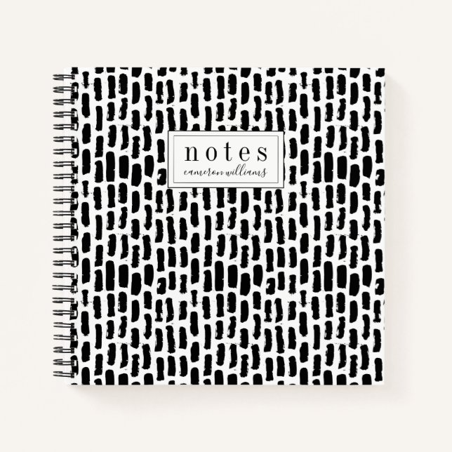 Add Your Name | Black Brush Strokes Pattern Notebook (Front)