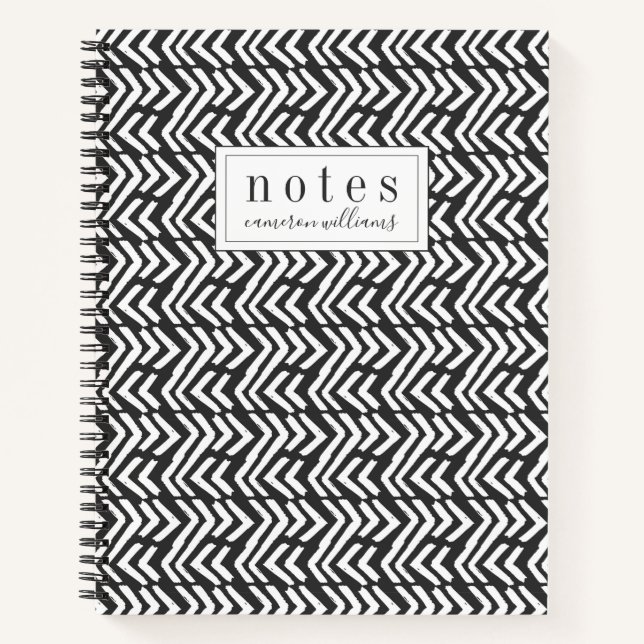 Add Your Name | Black Hand Drawn Chevron Pattern Notebook (Front)