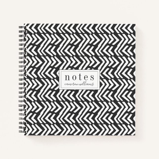 Add Your Name | Black Hand Drawn Chevron Pattern Notebook (Front)