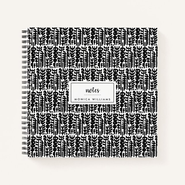 Add Your Name | Black Ink Stroke Tree Pattern Notebook (Front)