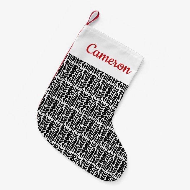 Add Your Name | Black Ink Stroke Tree Pattern Small Christmas Stocking (Front (Hanging))