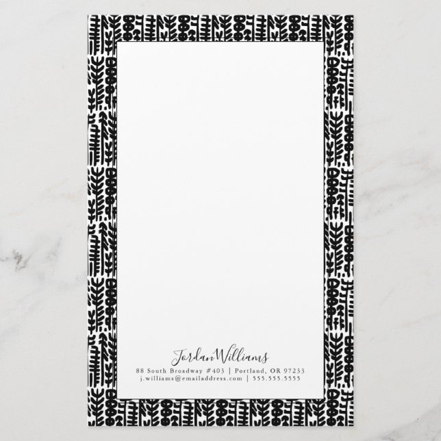 Add Your Name | Black Ink Stroke Tree Pattern Stationery (Front)