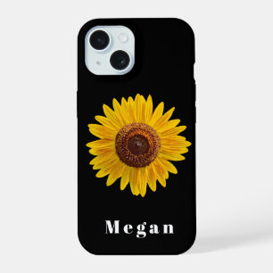 Add Your Name Black Vintage Yellow Sunflower iPhone 15 Case