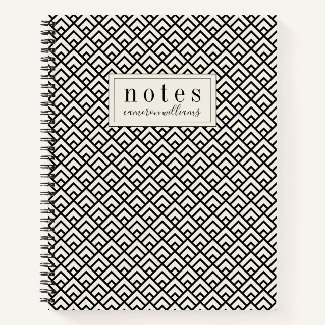 Add Your Name | Black & White Geometric Pattern Notebook (Front)