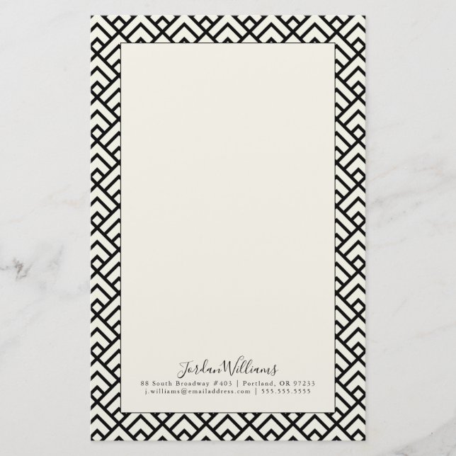 Add Your Name | Black & White Geometric Pattern Stationery (Front)