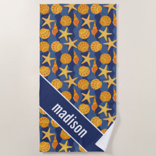 Add Your Name Blue And Orange Seashell Pattern Beach Towel