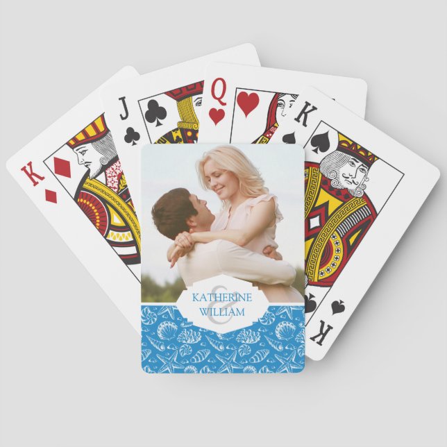 Add Your Name | Blue Beach Pattern Playing Cards (Back)