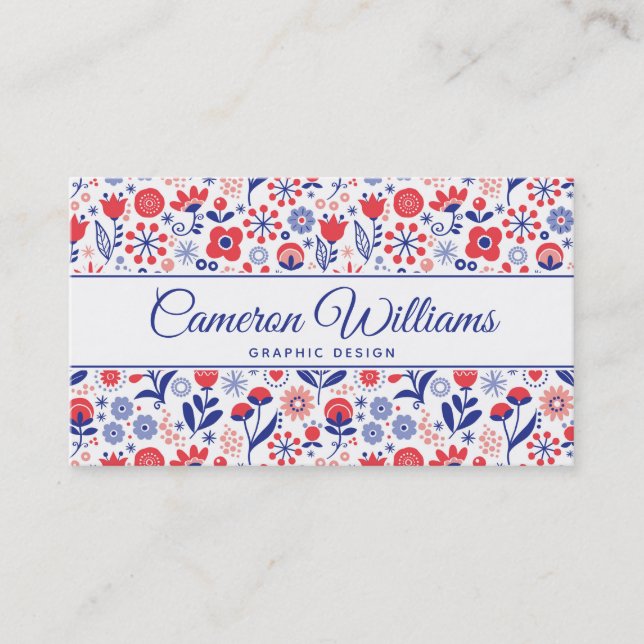 Add Your Name | Blue & Coral Floral Pattern Business Card (Front)
