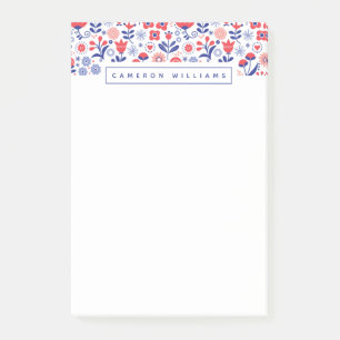 Add Your Name Blue & Coral Floral Pattern Post-it Notes
