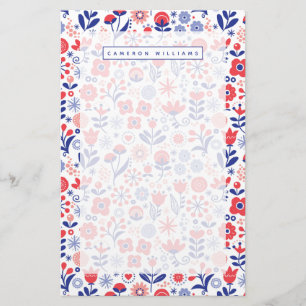 Add Your Name   Blue & Coral Floral Pattern Stationery