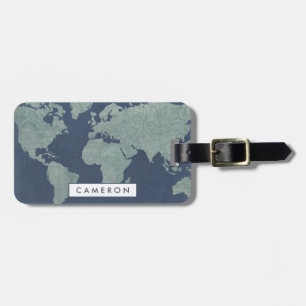 Add Your Name Blue Linen World Map Luggage Tag