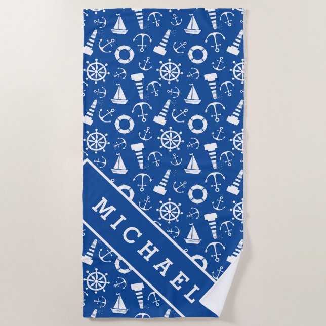 Add Your Name | Blue Sea Pattern Beach Towel (Front)