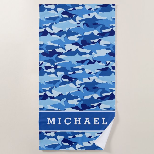 Add Your Name | Blue Shark Pattern Beach Towel (Front)