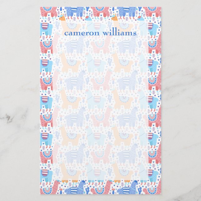 Add Your Name | Bright Colourful Alpaca Pattern Stationery (Front)