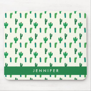 Add Your Name Bright Green Cactus Pattern Mouse Pad