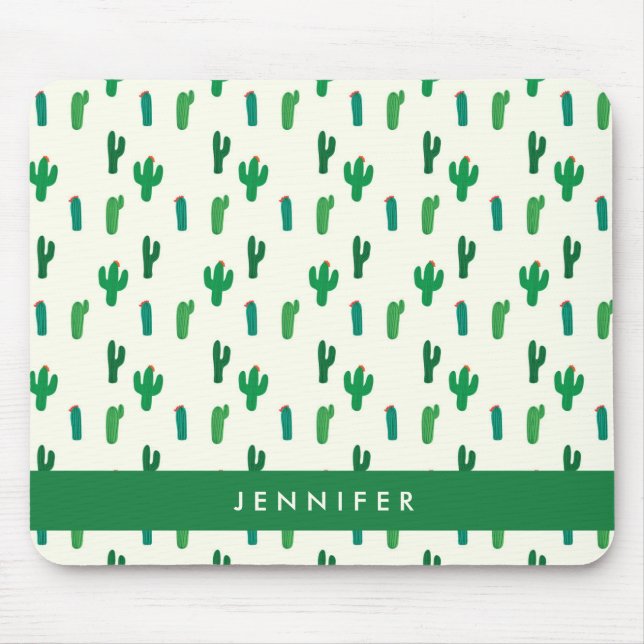 Add Your Name | Bright Green Cactus Pattern Mouse Pad (Front)