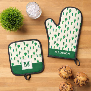 Add Your Name Bright Green Cactus Pattern Oven Mitt & Pot Holder Set