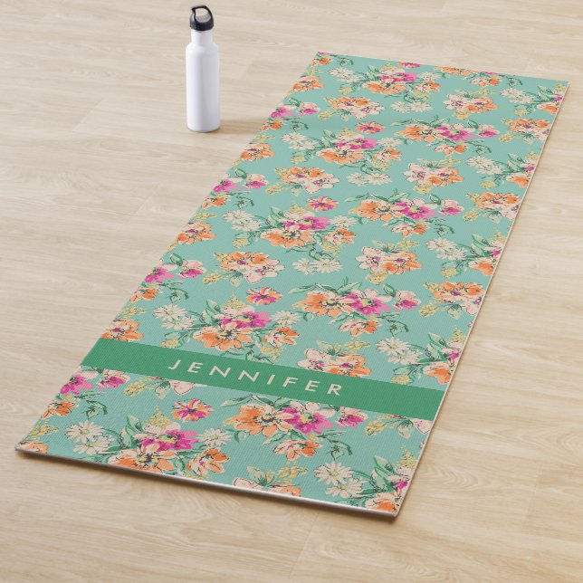 Add Your Name | Bright Sketch Floral Pattern Yoga Mat (In Situ)