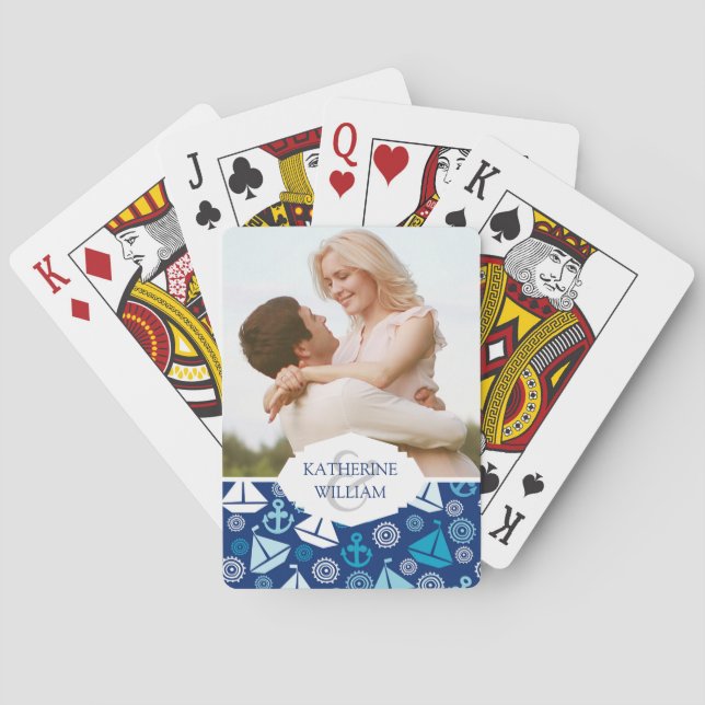 Add Your Name | Cartoon Pattern With Sailboats Playing Cards (Back)