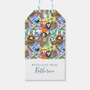Add Your Name Cartoon Watercolor Sloth Pattern Gift Tags