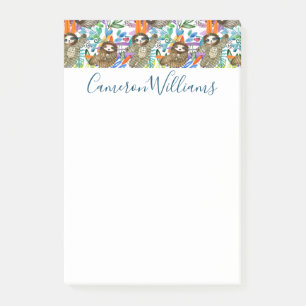 Add Your Name   Cartoon Watercolor Sloth Pattern Post-it Notes
