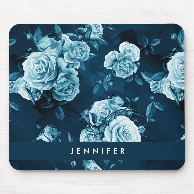 Add Your Name | Classic Blue Rose Pattern Mouse Pad (Front)