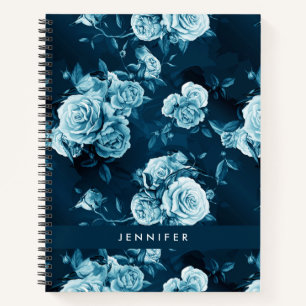 Add Your Name Classic Blue Rose Pattern Notebook